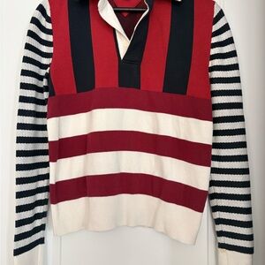 Vintage Y2K Tommy Hilfiger Striped Red, Ivory and Navy Women’s Sweater - XS